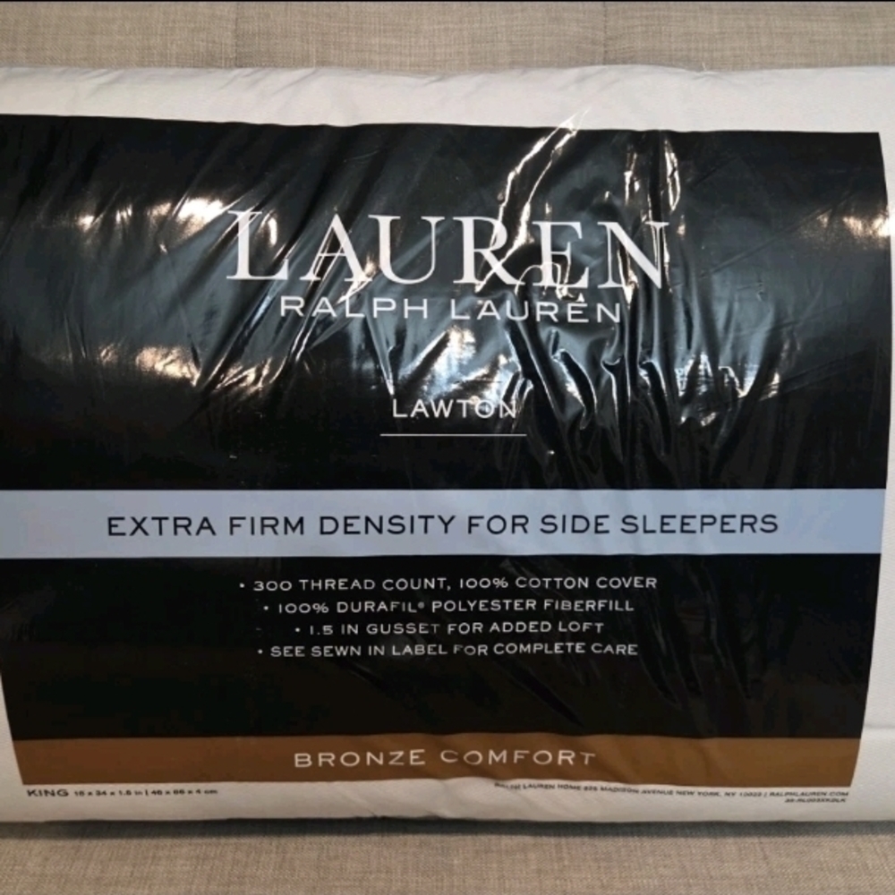 Ralph Lauren Lawton Extra-Firm KING Pillow White/Blue Cord